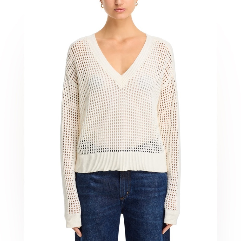 ATM Open Knit White V Neck Sweater Cotton and Cashmere Blend Size S